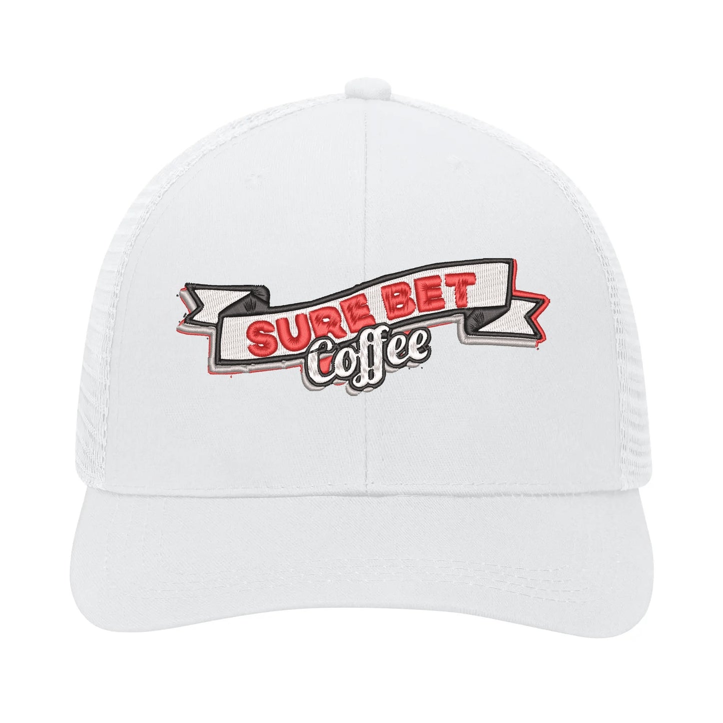 Sure Bet Coffee Embroidered TRUCKER Hat in White (Classy!)