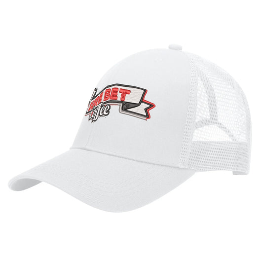 Sure Bet Coffee Embroidered TRUCKER Hat in White (Classy!)